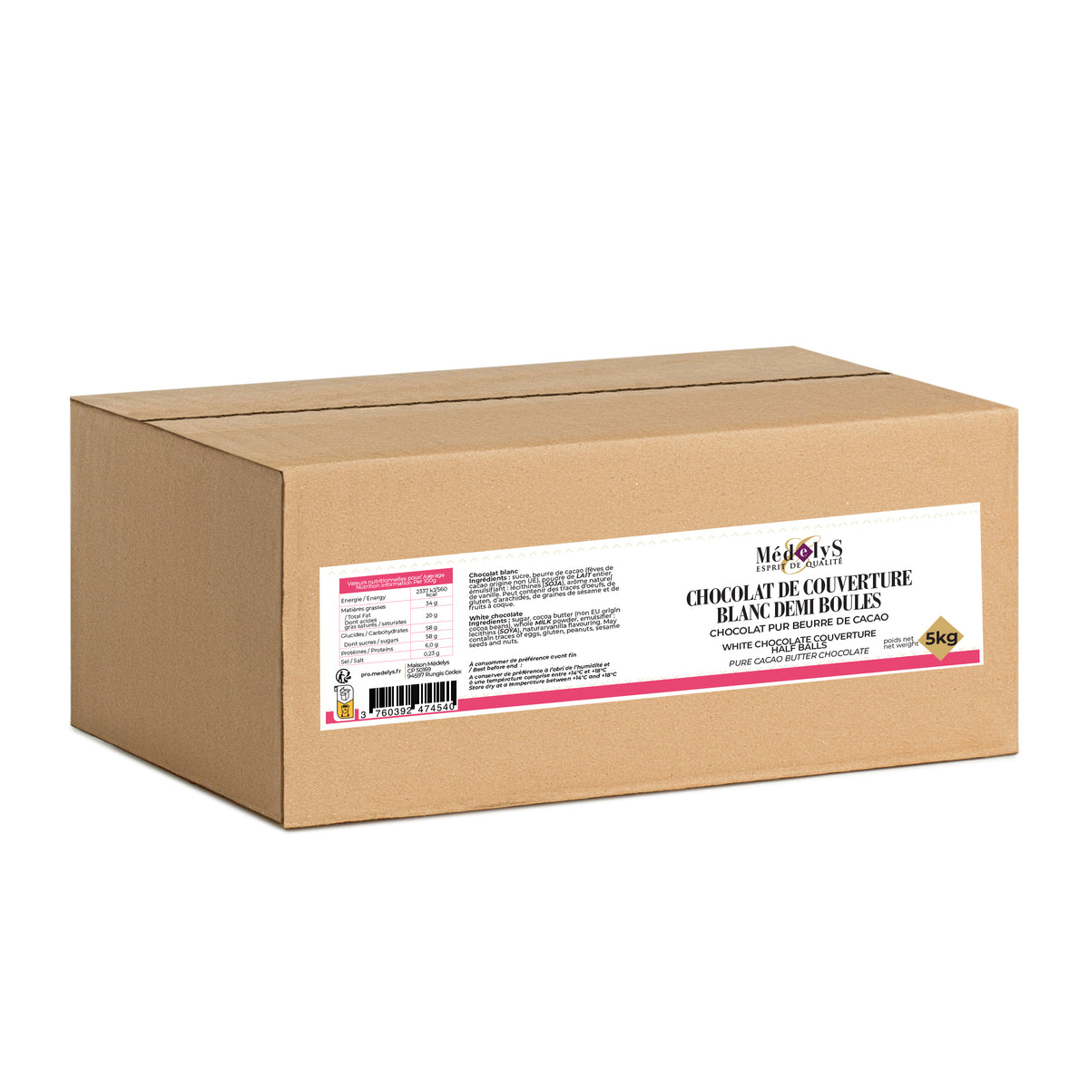 Chocolat de couverture blanc 26% en 1/2 boules de 3.5g - 5kg