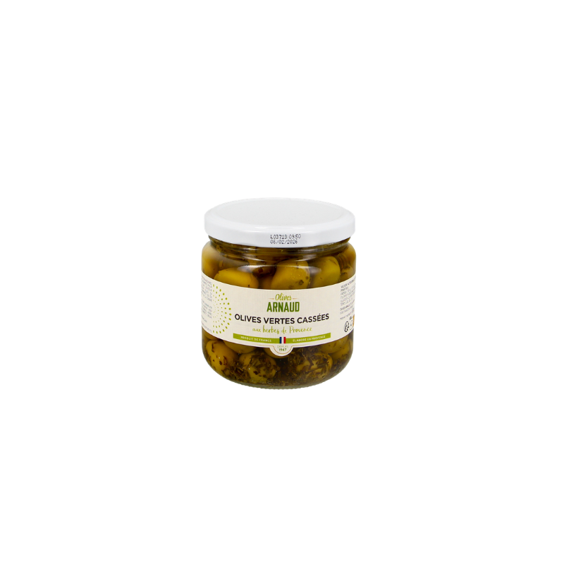 Olives vertes cassées aromatisées aux herbes de Provence - 250g net égoutté