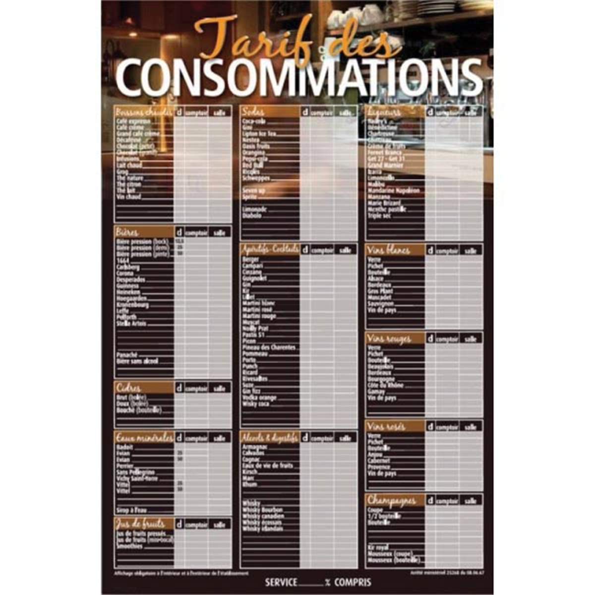 Tableau tarif de consommations 44x66 cm ( 630154 ) (1 X 1 unité )
